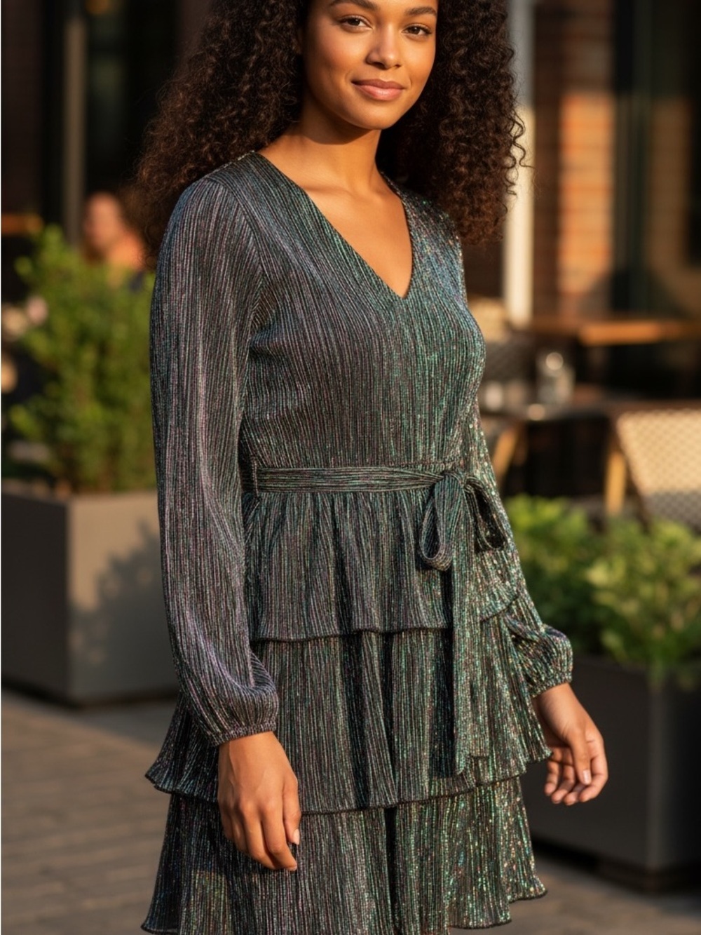 Metallic Multi-Colored Tiered V-Neck Long-Sleeve Dress - Women's